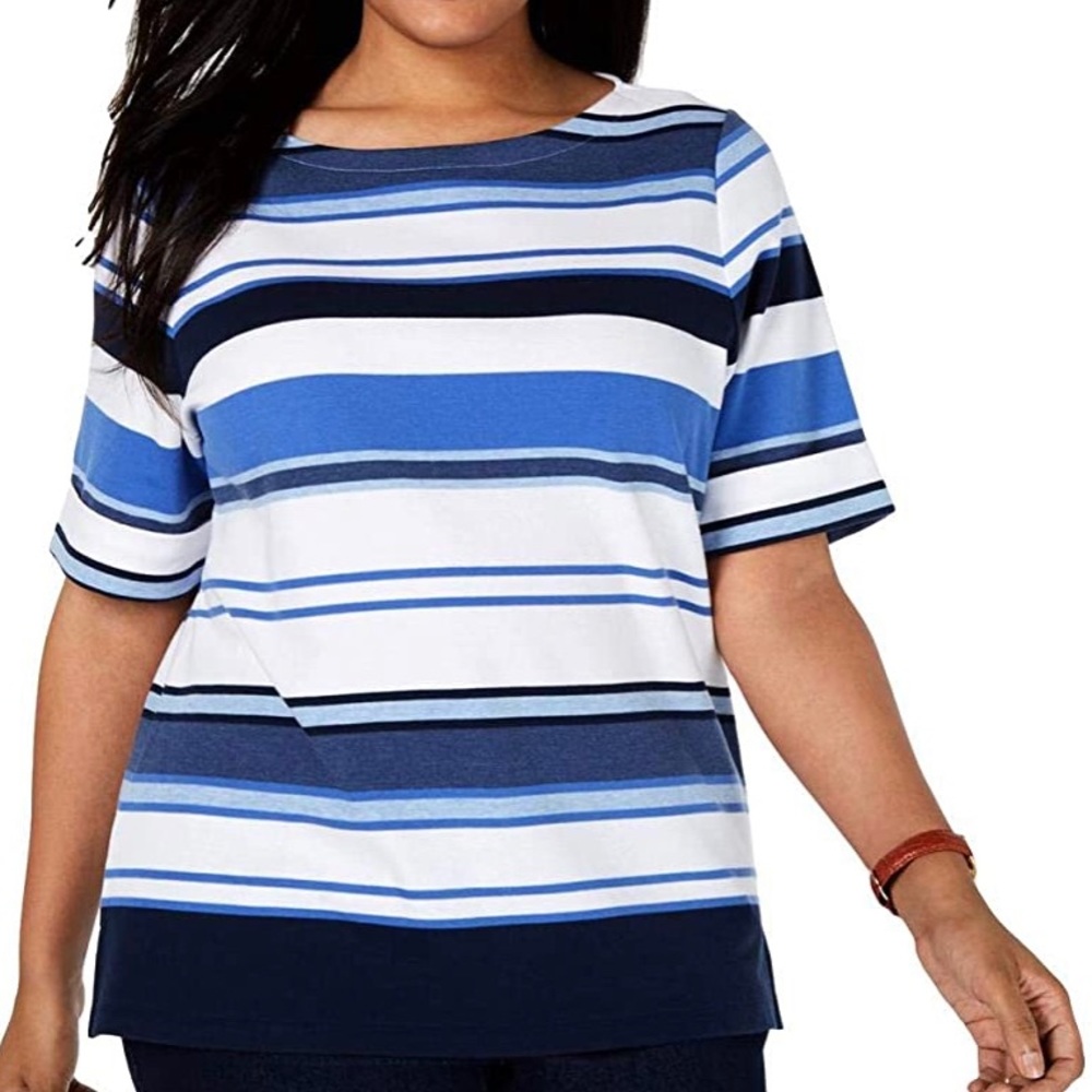 Karen Scott Womens Plus Striped Boatneck Top